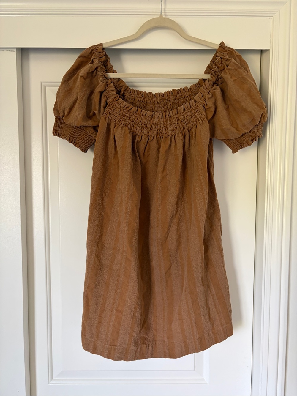 Free People Brown Puff Sleeve Smocked Mini Dress